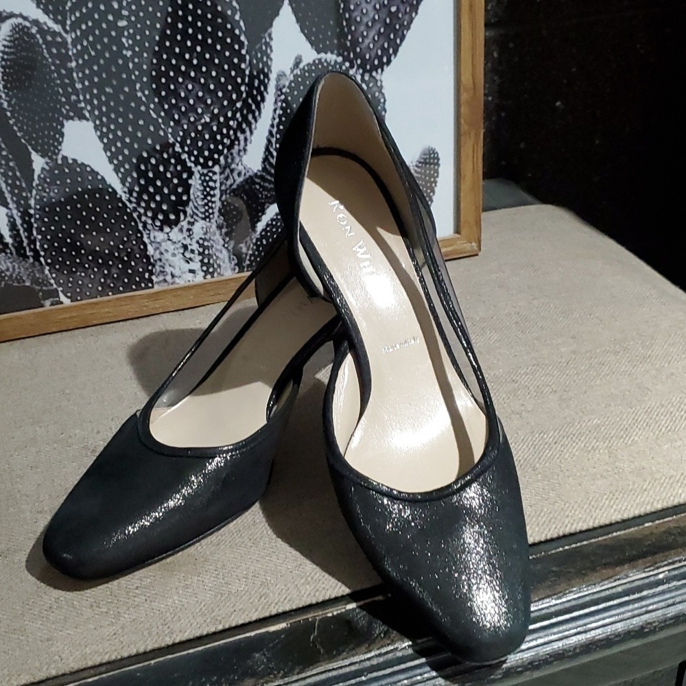 RON WHITE BLACK SHIMMER LEATHER CHUNKY BLOCK HEELS SIZE 40 MADE IN ITALY